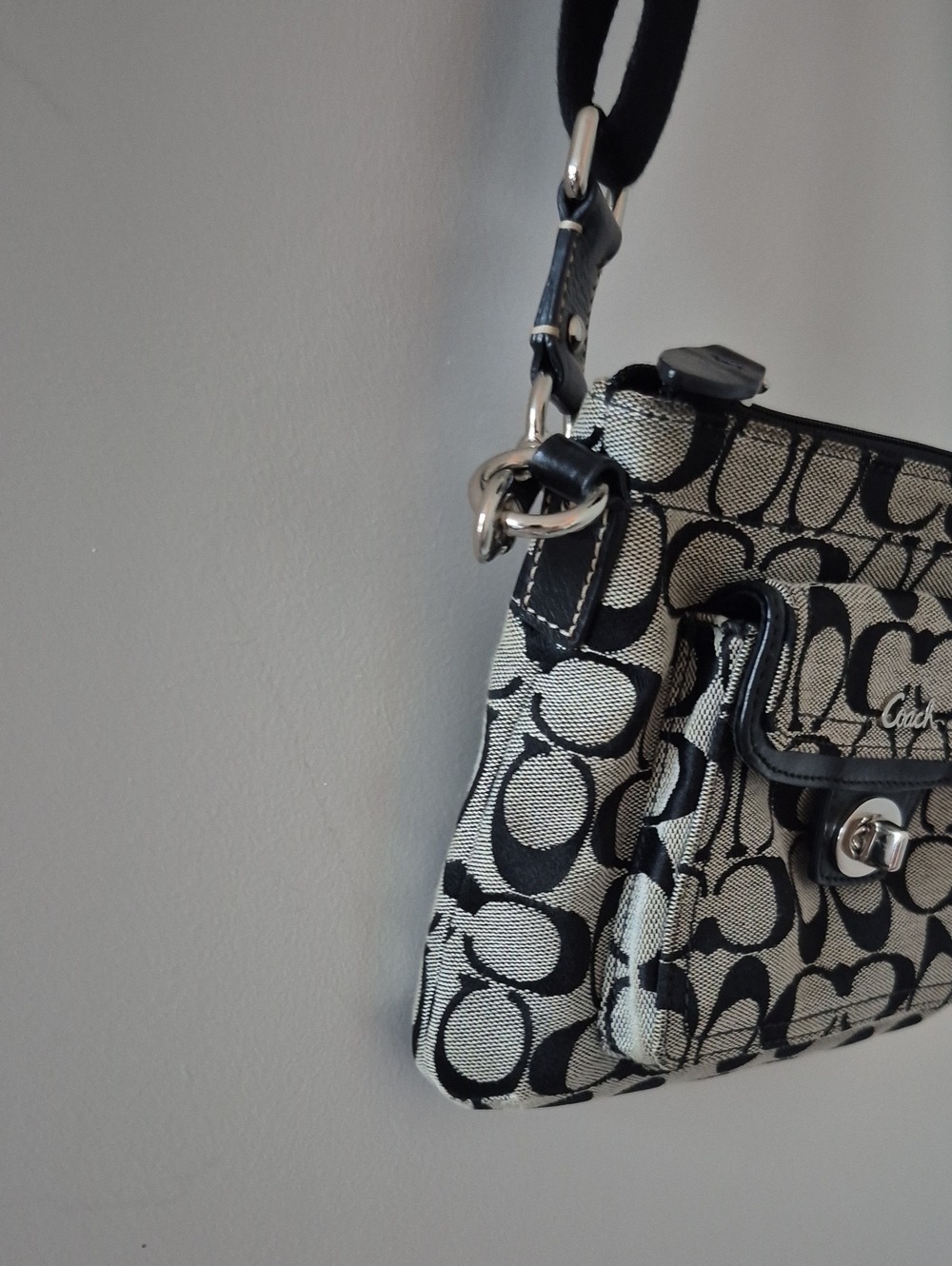Coach Signature Canvas Turnlock Flap Crossbody Bag & Wallet Black Gray Y2K - Picture 3 of 16